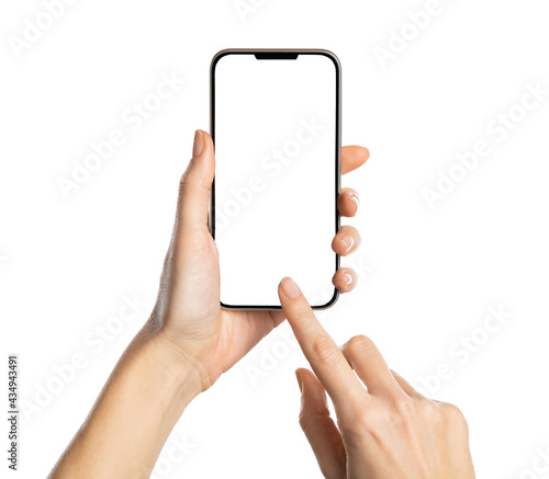 Woman hand using smartphone isolated on white background