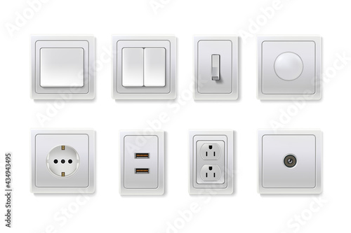 Outlet, socket, switch set. Electric power connectors for plugs or power vector illustration. American, European devices for energy and light production on white background