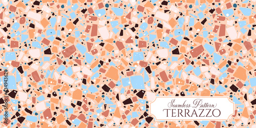 Terrazzo broken tile floor texture seamless pattern, vector abstract background with chaotic mosaic pieces, composed of natural stone, marble, glass and concrete imitations.