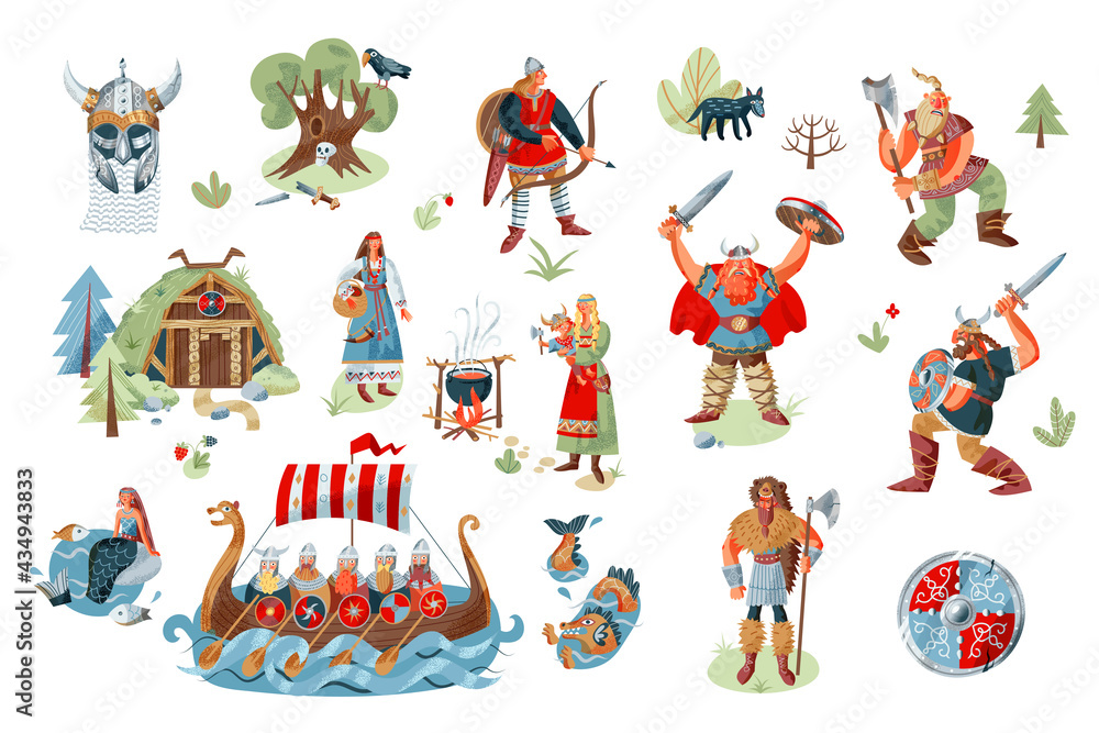 Viking characters and objects set. Medieval Norway people and mythology vector illustration. Ship with warriors, women, men with nordic swords, house, fantasy elements on white background Viking characters and objects set. Medieval Norway people and mythology vector illustration. Ship with warriors, women, men with nordic swords, house, fantasy elements on white background