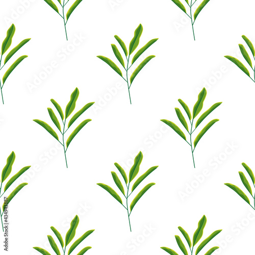Minimalistic green leaf branches seamless pattern in hand drawn style. White background. Scrapbook ornament.