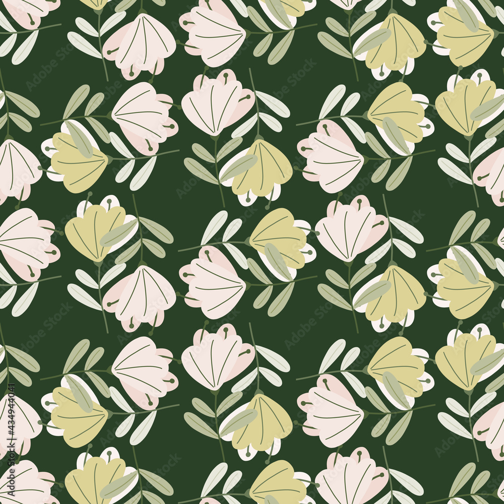Obraz premium Botanic seamless pattern with doodle simple flower buds silhouettes. Green background. Abstract stylistic.