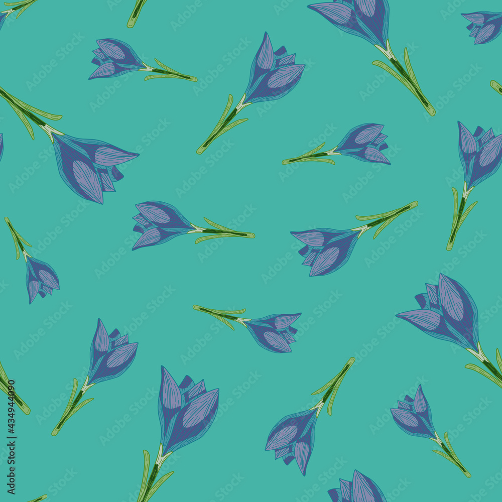 Random blue crocus outline flowers elements seamless pattern. Turquoise background. Random blue crocus outline flowers elements seamless pattern. Turquoise background.
