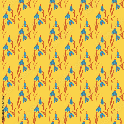 Bright nature seamless pattern with blue campanula shapes print. Yellow background. Floral creative backdrop.