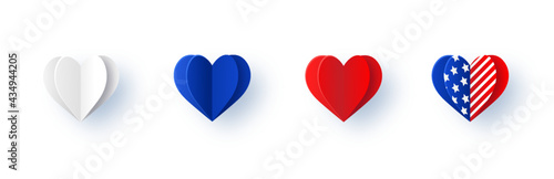 United States of America flag in heart shape. Set of hearts with american flag colors. Stars and stripes symbol of USA. 3d Paper art and craft style. Vector illustration isolated on white background.