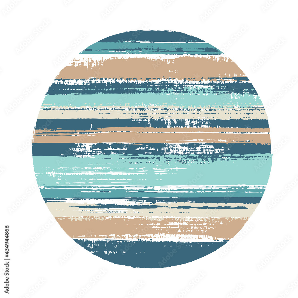 Hipster circle image geometric shape with stripes texture of ink horizontal lines. Old paint texture disc. Stamp round shape logotype circle with grunge stripes background.