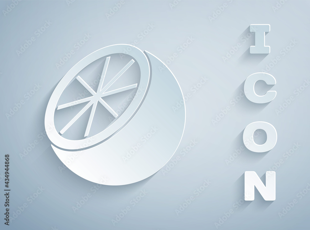 Paper cut Orange fruit icon isolated on grey background. Paper art style. Vector Paper cut Orange fruit icon isolated on grey background. Paper art style. Vector