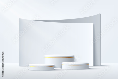 Modern white and gold cylinder steps pedestal podium. White and gray color minimal wall scene with geometric backdrop. Vector rendering 3d shape, Product display presentation. Abstract room concept.