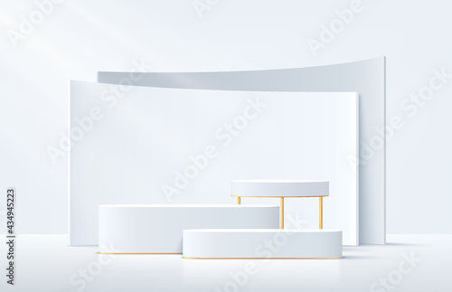 Modern white and gold geometric pedestal podium. White and gray color minimal wall scene with geometric shape backdrop. Vector rendering 3d shape, Product display presentation. Abstract room concept.
