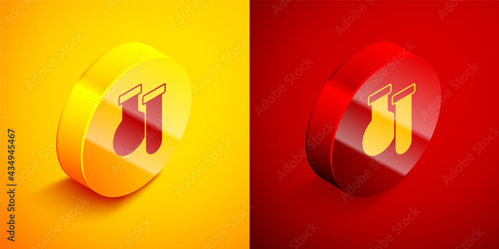 Isometric Test tube and flask chemical laboratory test icon isolated on orange and red background. Laboratory glassware sign. Circle button. Vector Isometric Test tube and flask chemical laboratory test icon isolated on orange and red background. Laboratory glassware sign. Circle button. Vector