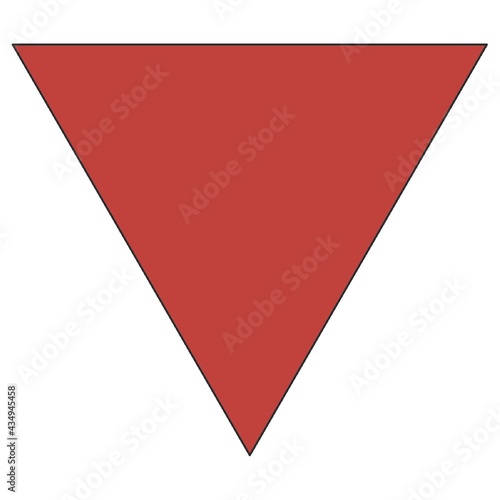 Blank red color inverted equilateral triangle isolated on white square background, abstract creative design of no, not allowed, warn, closed or ban concept for information edit photo