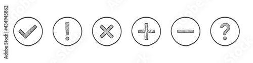 Check mark icons. Tick sign, exclamation mark and cross icons. Yes and No symbols. Hand drawn style. Vector illustration