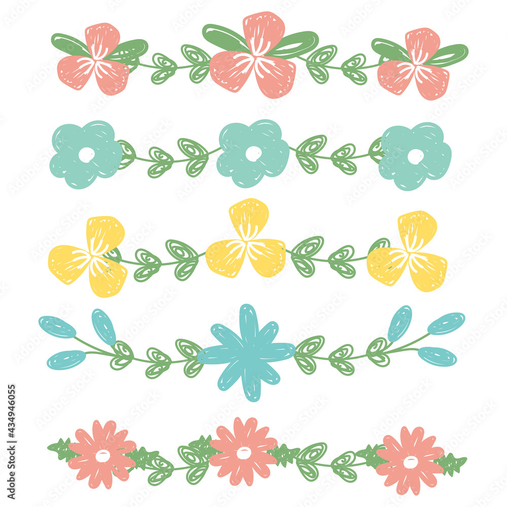 Floral garland in hand drawn style. Flowers decoration. Vector illustration.