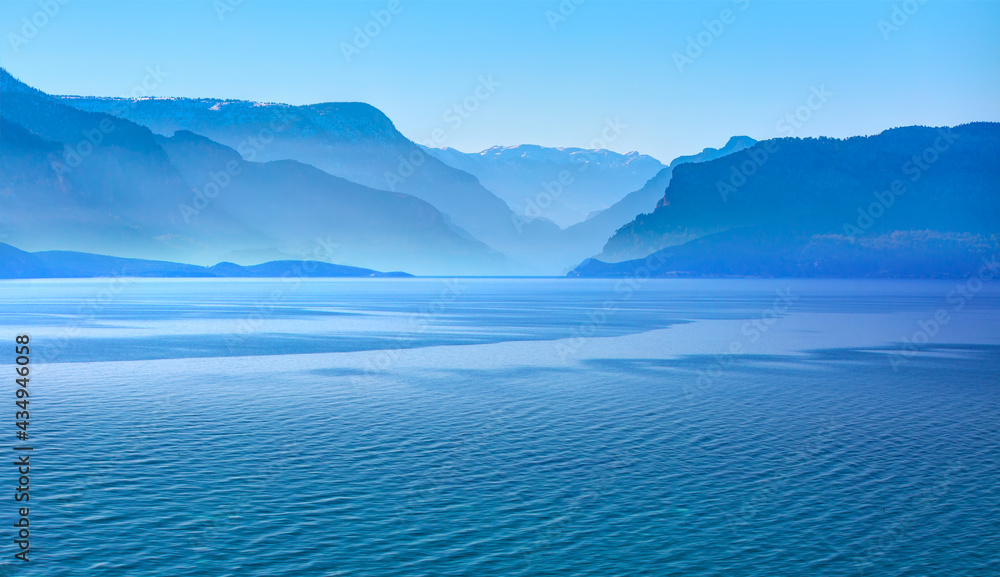 Beautiful landscape with tranquil water of Egridir lake, Blue Mountains in the background - Isparta,Turkey