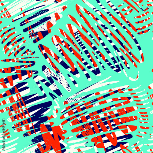 Seamless unique abstract pattern with wave hand drawn chaotic brush lines and dots