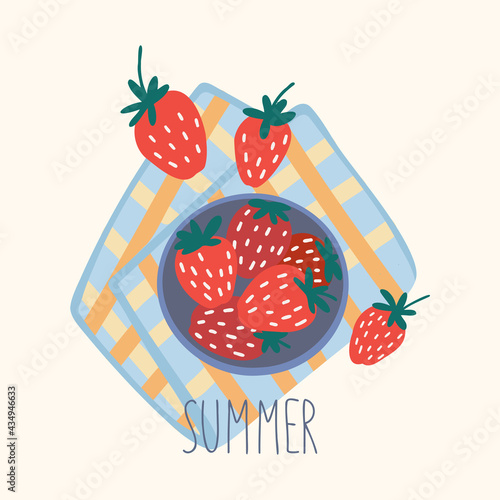 Srtawberry. Top view. Icon set flat design of picnic items. For banners, posters, promotion, presentation templates. Trendy Summer Typographic Lettering. Perfect for t shirt design, posters, stickers