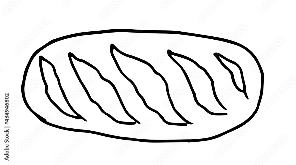 Vector isolated element of a white loaf with cuts, isolated by a black outline drawn by hand in a doodle style, top view on a white background for a bakery design template, menu, label and packaging Vector isolated element of a white loaf with cuts, isolated by a black outline drawn by hand in a doodle style, top view on a white background for a bakery design template, menu, label and packaging