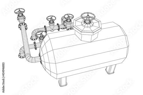 Oil tank storage of flammable materials and pipeline with valve. Finance economy polygonal petrol production. Petroleum fuel industry transportation line. Wireframe low poly mesh vector illustration.