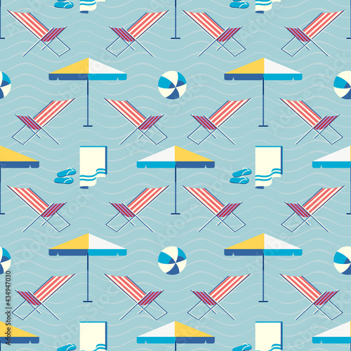 Sea Beach leisure geometric seamless vector pattern. Sun umbrella, armchair, ball cartoon icon. Summer season sea vacation decorative wallpaper. Tropical tourist travel trip background template