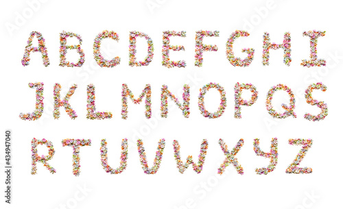 Flower font. Alphabet for kids. Holiday design, made from beautiful flowers.