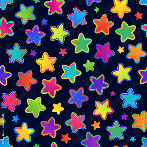 Universal Seamless Pattern of Colorful Rainbow Stars on Dark Backdrop for Celebratory Packaging, Pack Paper, Wrapping Paper.