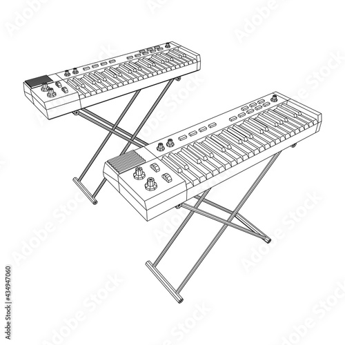 Piano roll analog synthesizer faders buttons knobs. Wireframe low poly mesh vector illustration.