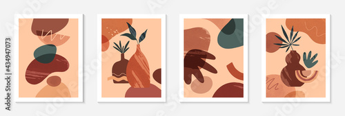 Bundle of modern abstract vector illustrations with vases,organic various shapes and leaves.Boho watercolor wall art decor.Trendy artistic designs perfect for banners;social media,covers,wallpaper.