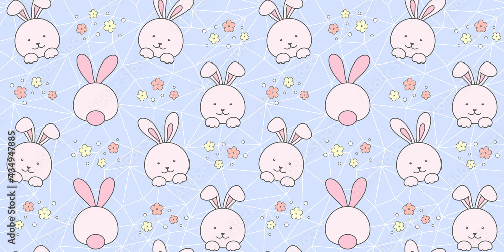 Pink rabbit and flowers on a blue geometric polygonal background. Endless texture with cute bunny, tiny hare. Vector seamless pattern for wallpaper, cover, wrapping paper, packaging or surface texture Pink rabbit and flowers on a blue geometric polygonal background. Endless texture with cute bunny, tiny hare. Vector seamless pattern for wallpaper, cover, wrapping paper, packaging or surface texture