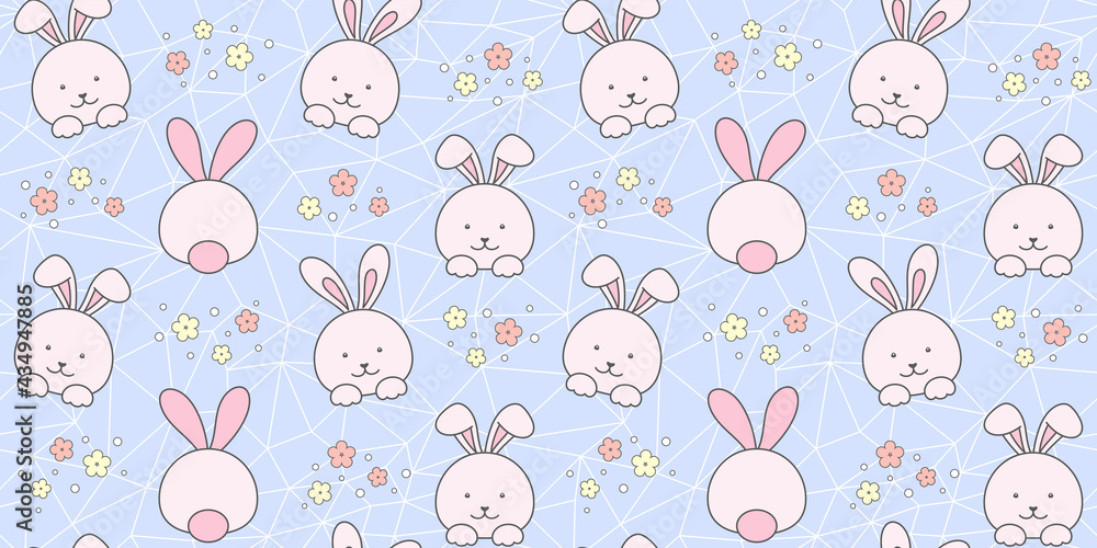 Pink rabbit and flowers on a blue geometric polygonal background. Endless texture with cute bunny, tiny hare. Vector seamless pattern for wallpaper, cover, wrapping paper, packaging or surface texture