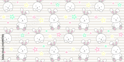 White rabbit and colored stars on a beige striped background. Endless texture with bunny, tiny hare. Vector seamless pattern for wallpaper, cover, wrapping paper, packaging, wrapper or surface texture