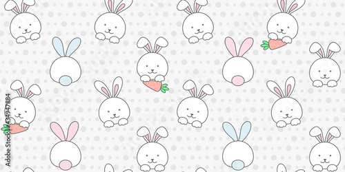 White rabbit, bunny with carrot on a pale gray background with small circles. Endless texture with cute tiny hare. Vector seamless pattern for wrapping paper, packaging, cover, surface texture, print