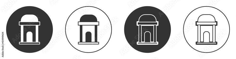 Black Old crypt icon isolated on white background. Cemetery symbol. Ossuary or crypt for burial of deceased. Circle button. Vector