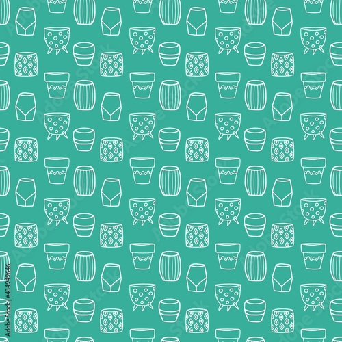 Seamless pattern with white flowerpots on a mint background. Vector doodle style background