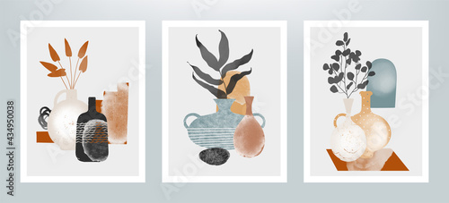 Minimalistic illustration with different vases and plants. Set of abstract art vector posters. 