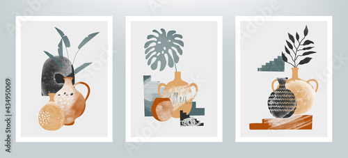 Minimalistic illustration with different vases and plants. Set of abstract art vector posters. 