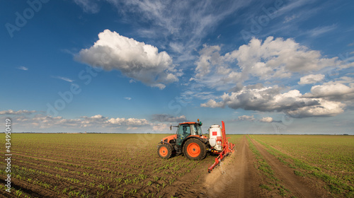 Tractor spraying corn field