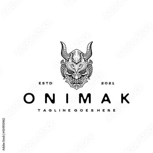 Vintage hand drawn Japanese Demon Oni Mask Logo Design