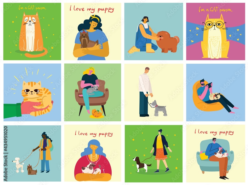 Collection of people with pets. Set of men and women holding their domestic animals.