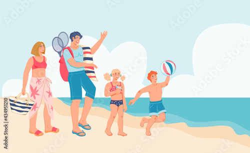 Seashore with happy family of mother, father and children on summer vacation, flat vector illustration. Parents with children on the sea beach. Summer travel and recreation.