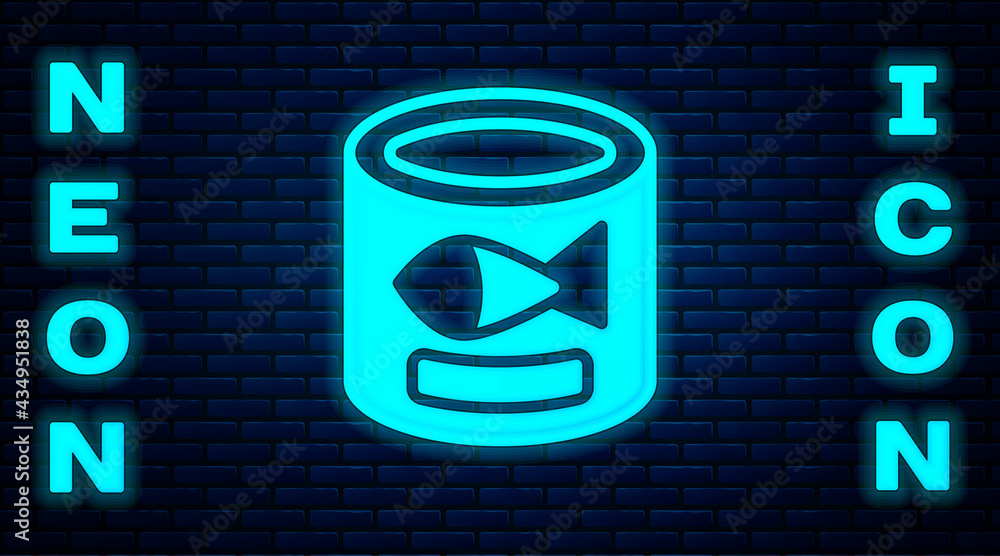 Glowing neon Canned fish icon isolated on brick wall background. Vector Glowing neon Canned fish icon isolated on brick wall background. Vector