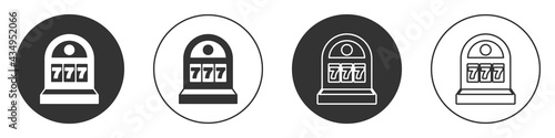 Black Slot machine with lucky sevens jackpot icon isolated on white background. Circle button. Vector