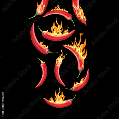 Red chili pepper with fire on solid color background. Emblem spicy food hot. 3D Vector EPS10 illustration.