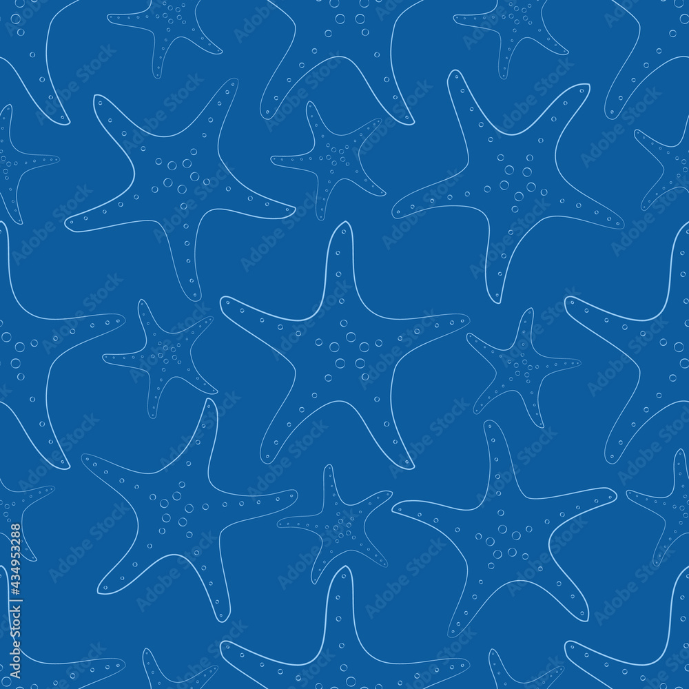 Sea shells, sea stars, sea horses. Flat cartoon style  pattern.