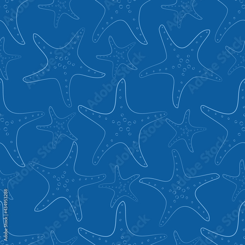 Sea shells, sea stars, sea horses. Flat cartoon style pattern.