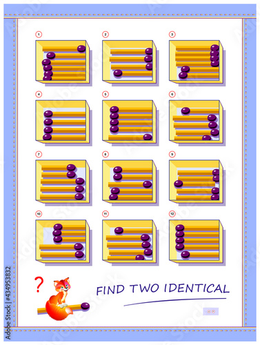 Logic puzzle game for children and adults. Need to find two identical boxes with matchsticks. Printable page for kids brain teaser book. Developing spatial thinking skills. IQ test. Play online.