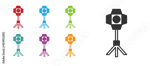 Black Studio light bulb in softbox icon isolated on white background. Shadow reflection design. Set icons colorful. Vector