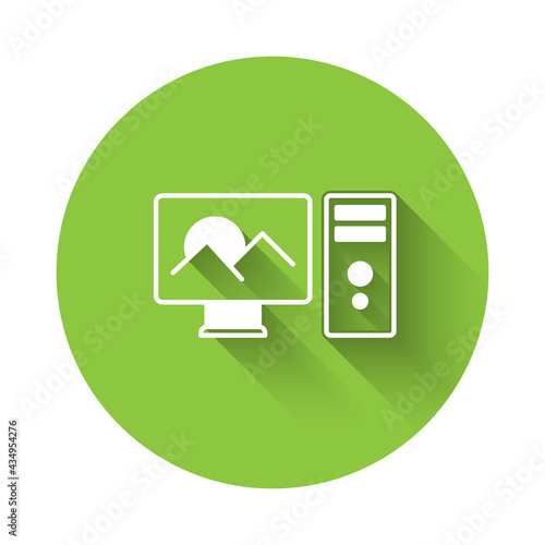 White Photo retouching icon isolated with long shadow. Photographer, photography, retouch icon. Green circle button. Vector