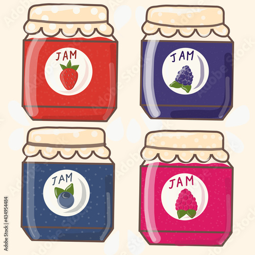 Isolated Jam Jars Set. Strawberry jam. Vector illustration EPS10