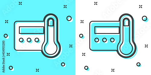 Black line Thermostat icon isolated on green and white background. Temperature control. Random dynamic shapes. Vector
