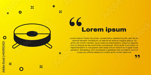 Black Robot vacuum cleaner icon isolated on yellow background. Home smart appliance for automatic vacuuming, digital device for house cleaning. Vector